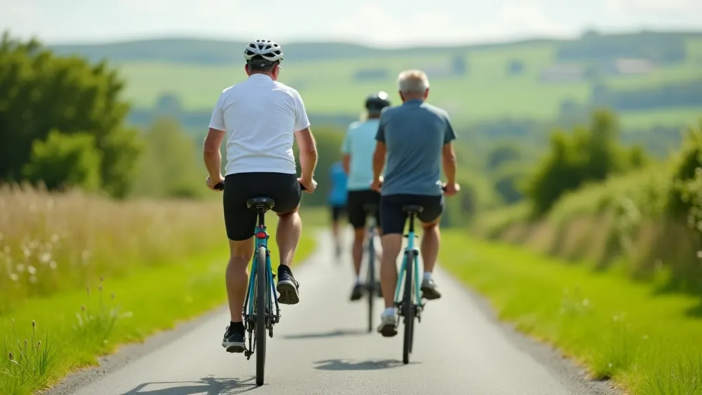 Group of senior cyclists on a scenic Irish country road