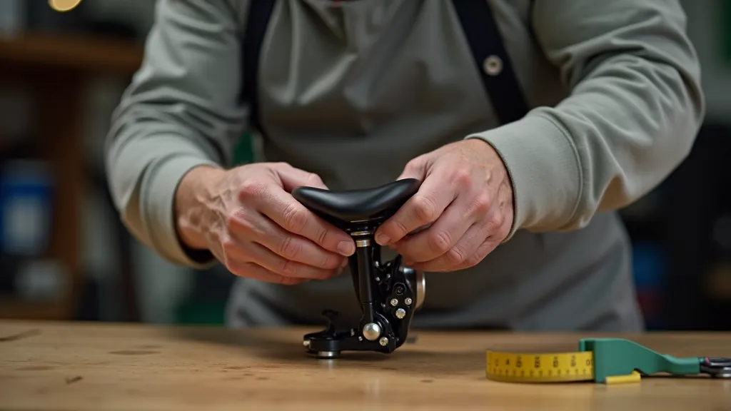 Close-up of bike seat adjustment mechanism with measuring tape on workshop table
