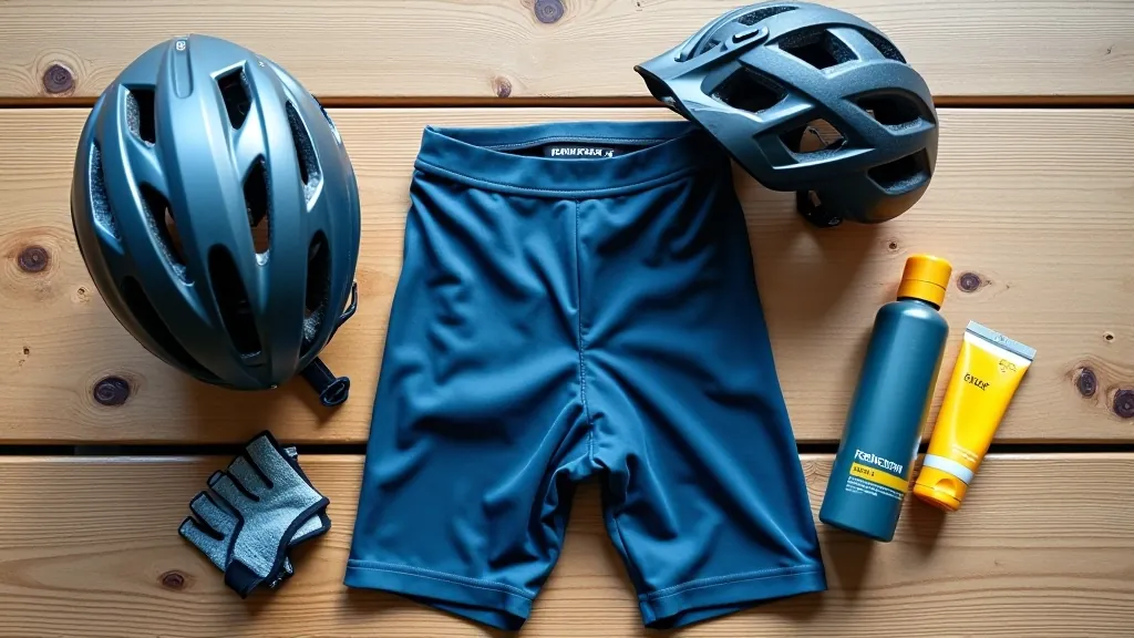 Close-up of bicycle helmet, padded shorts, and cycling gloves laid out neatly on a table