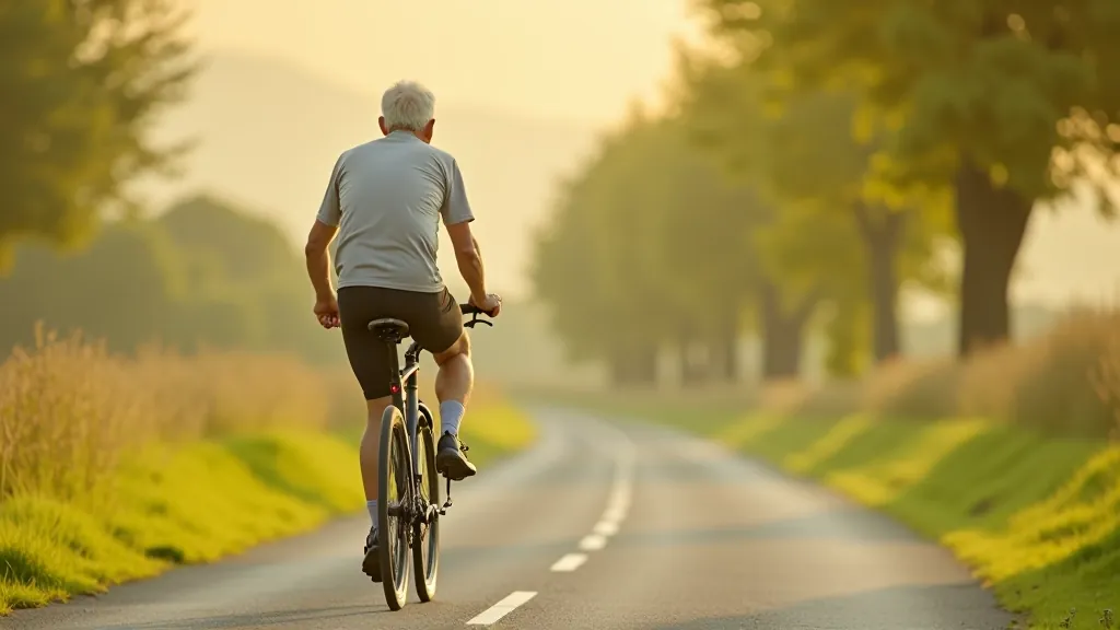 Cyclist on a scenic flat cycling path with trees and open sky, mid-morning light