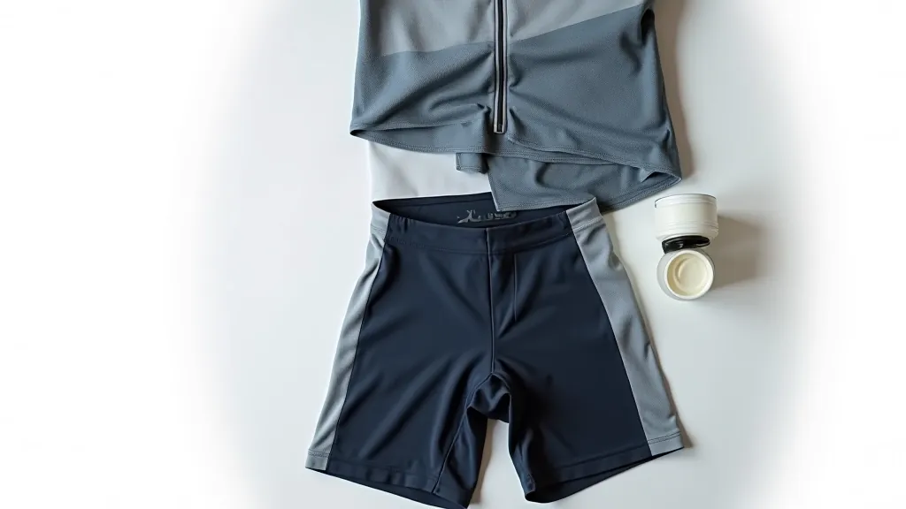 Flat lay of cycling apparel including padded shorts, moisture-wicking jersey, and chamois cream on a white surface