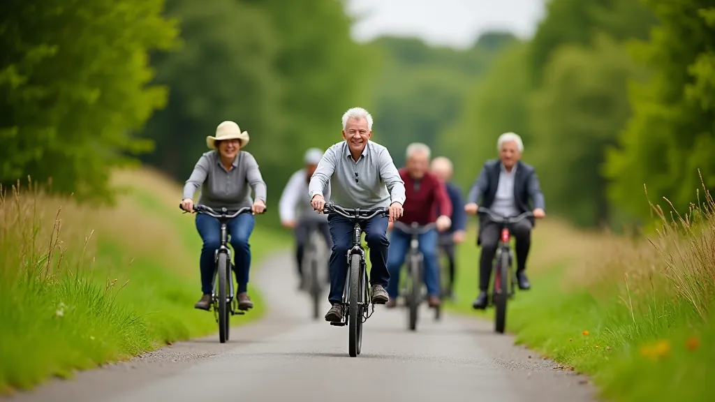 Community of active seniors enjoying cycling together on the beautiful greenway route