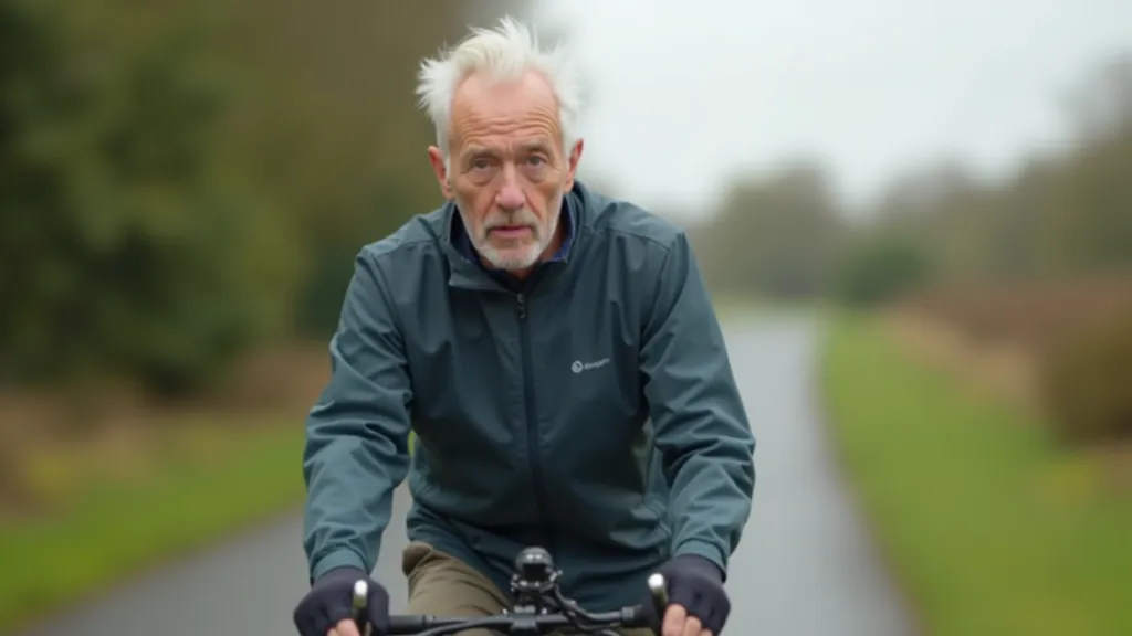 Cyclist wearing sunscreen, lightweight rain jacket, and arm warmers while riding on a tree-lined cycling path on an overcast day