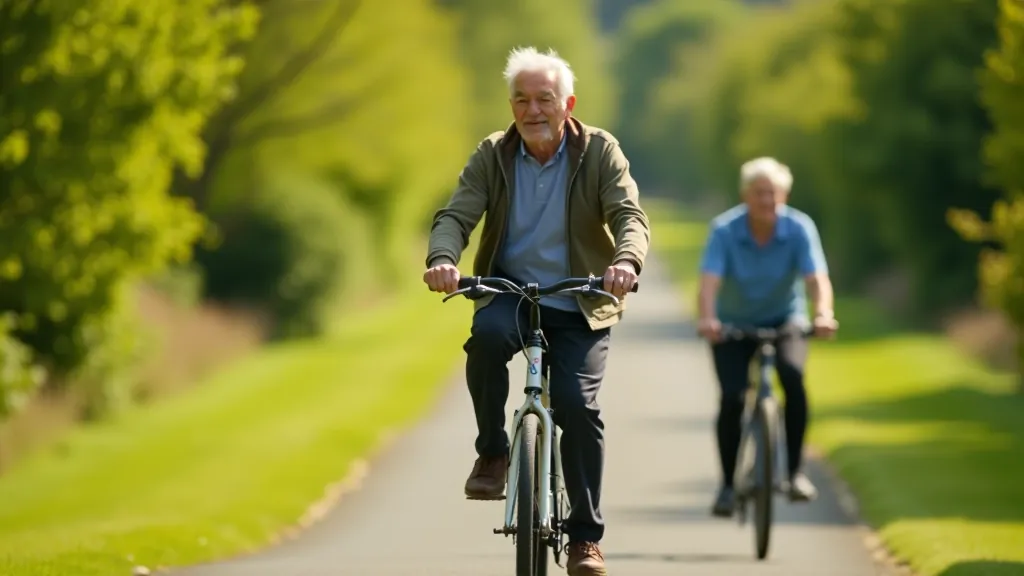 Senior cyclist learning proper bike handling technique