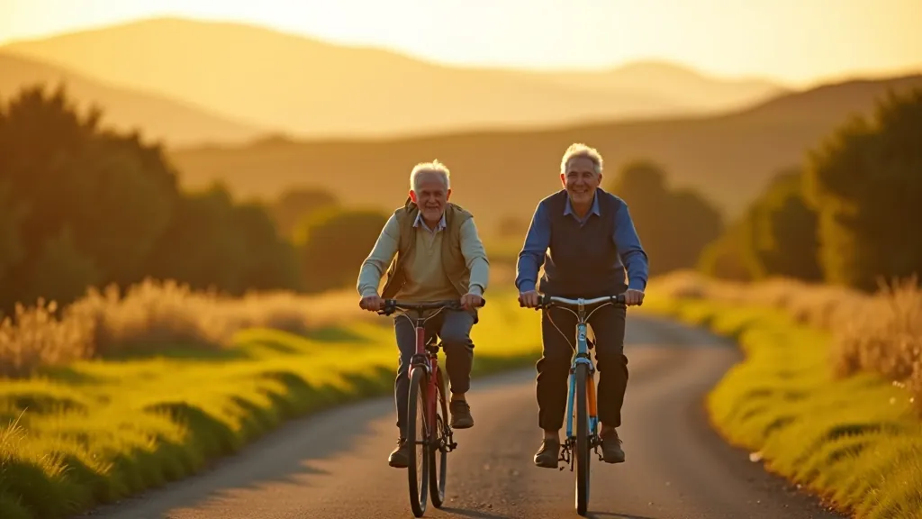 Seniors enjoying cycling together on a peaceful outdoor trail