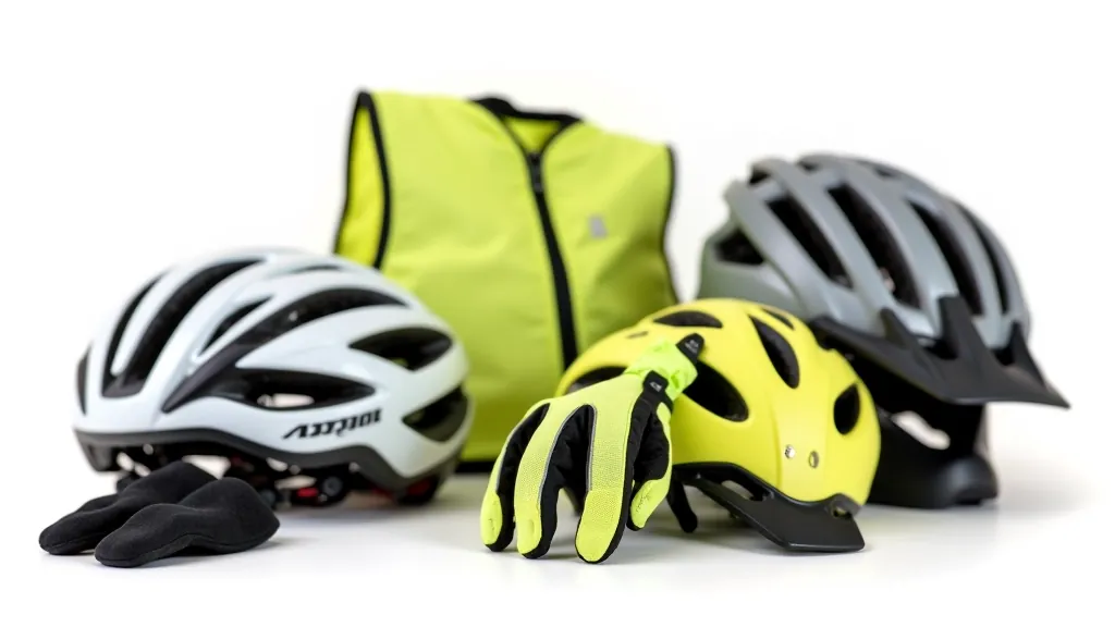 Selection of cycling safety gear including bicycle helmets in different colors, padded gloves, and a reflective safety vest displayed on a shelf