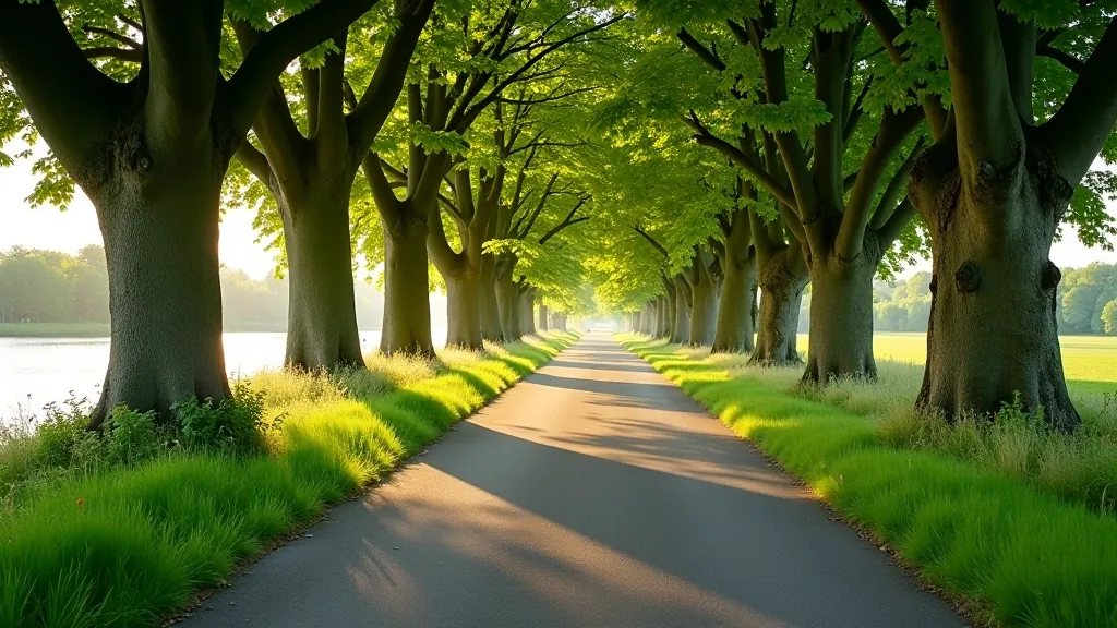 Paved cycling path with trees overhead and river visible to the side, early morning light