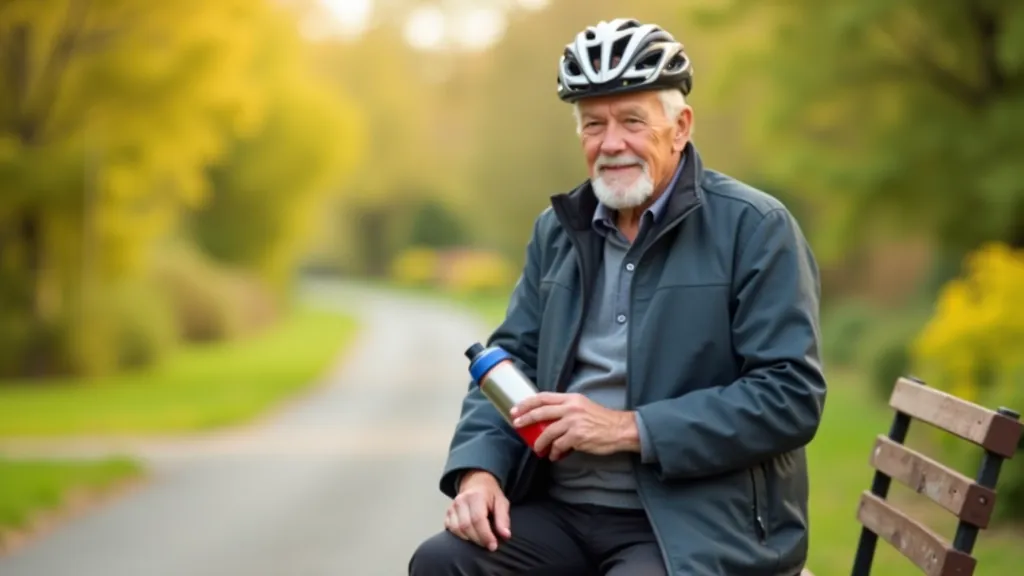 Cyclist taking a water break on a sunny morning, sitting on a bench along a paved cycling path with water bottle in hand