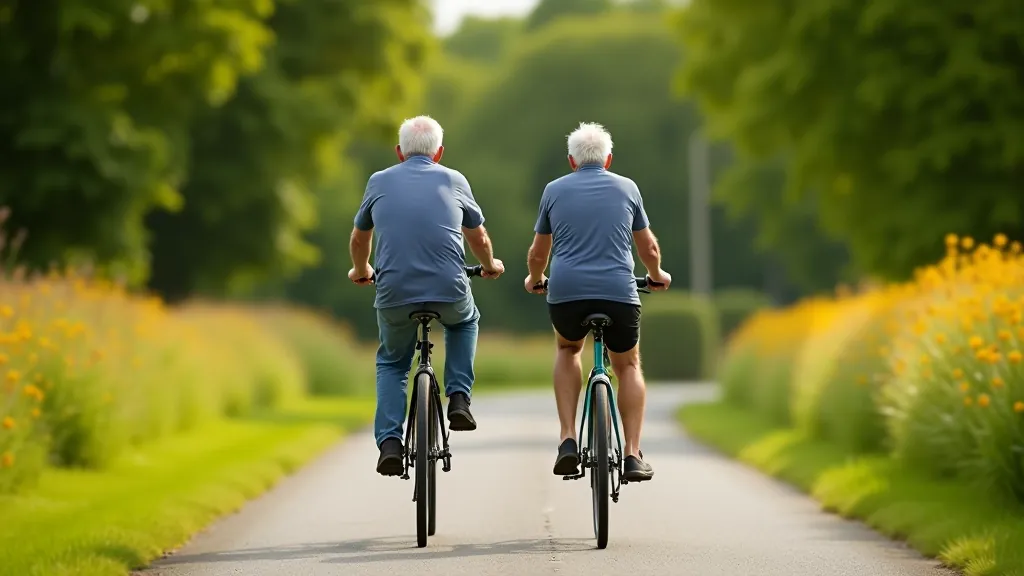 Two seniors cycling together on a flat paved trail with flowers blooming alongside the path