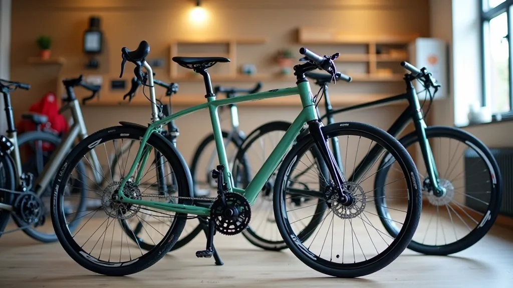 Three different bicycle styles displayed side by side in bright bike shop, hybrid, comfort bike, and flat-bar road bike