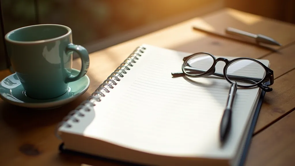 Training log notebook with pen and glasses, resting on a wooden table with morning coffee