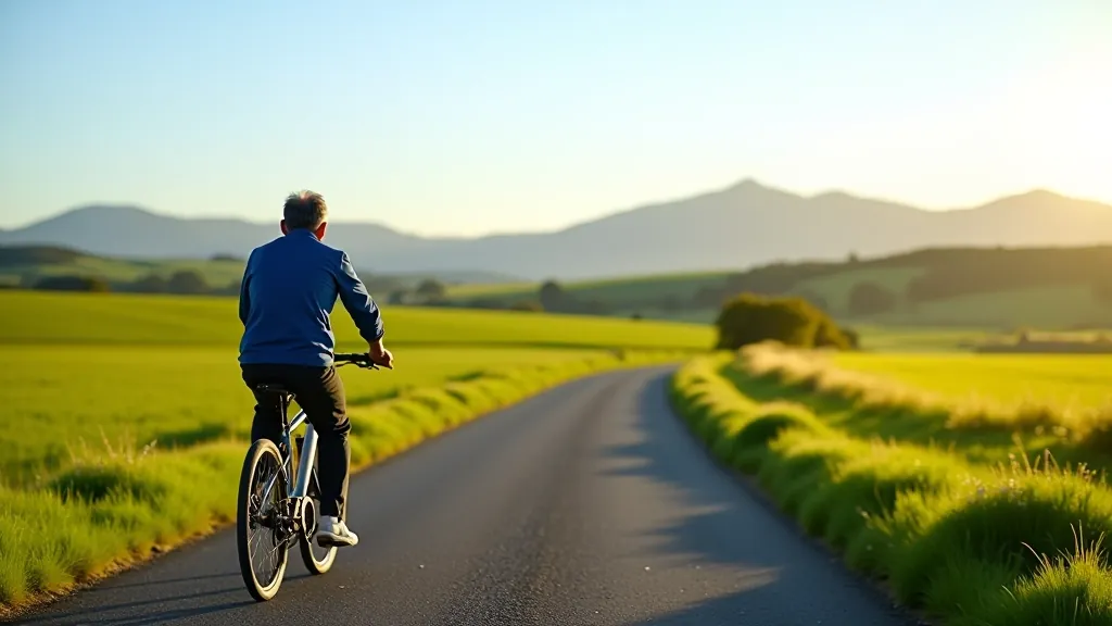 Mountain vista visible from cycling path, with fields in foreground and distant peaks