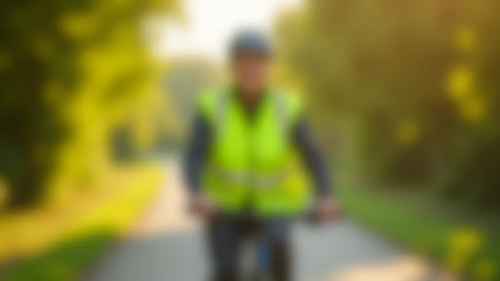 Senior woman on a gentle bicycle path wearing helmet and bright safety vest