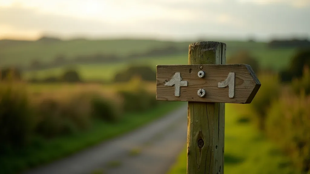 Signpost marking distance on greenway with rolling fields and hedgerows in background